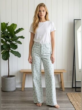 Zara Blue Floral Wide Leg Jeans Festival Boho